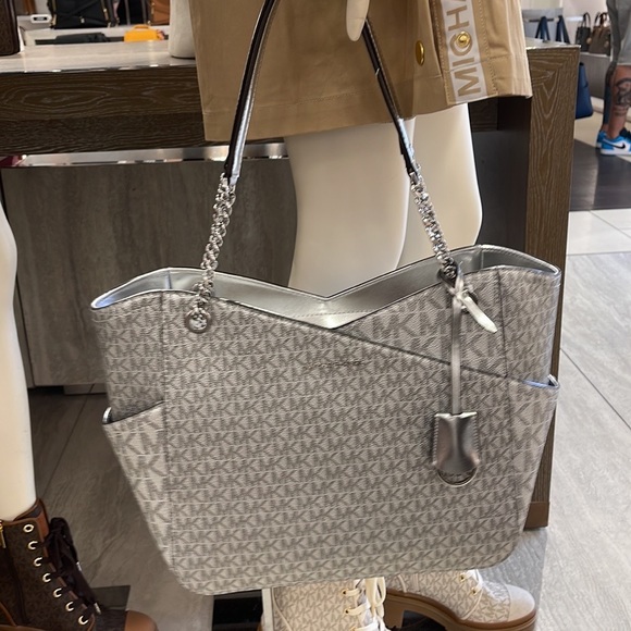 Michael Kors Jet Set Travel Large Chained Tote Shoulder Bag MK Silver - Picture 15 of 16